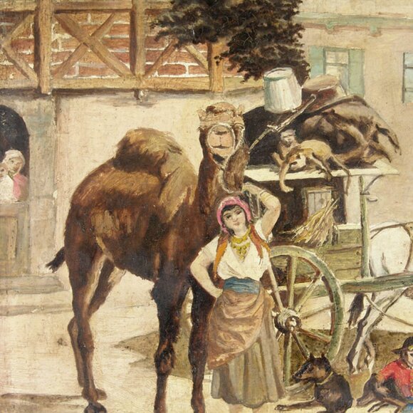 Antique 19C Orig Signed Painting on Wood German Stuhlmuller? Dancing Bear Monkey - Picture 2 of 6